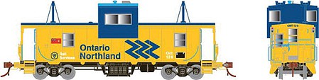Rapido Trains 110143 HO Scale CP Angus Shops Caboose - Ready to Run -- Ontario Northland 124 (yellow, blue, Chevron Logo)