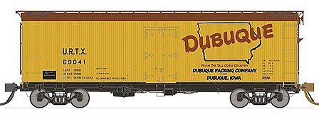Rapido Trains 121053 HO Scale General American 37' Wood Meat Reefer 4-Pack - Ready to Run -- Dubuque 63019, 63023, 63027, 69038 (1950s, yellow, Boxcar Red, Large Logo)