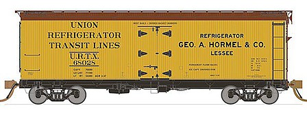 Rapido Trains 121055 HO Scale General American 37' Wood Meat Reefer 4-Pack - Ready to Run -- Hormel 68029, 68031, 68034, 68035 (1937 As-Delivered, yellow, Boxcar Red)