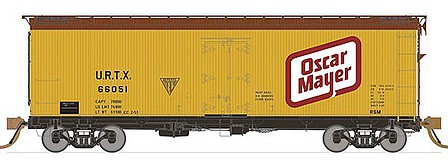 Rapido Trains 121058 HO Scale General American 37' Wood Meat Reefer 4-Pack - Ready to Run -- Oscar Mayer 66052, 66055, 66058, 66072 (Late 1940s, yellow, Boxcar Red, whit