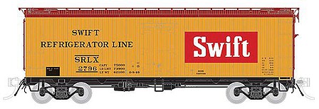 Rapido Trains 121060 HO Scale General American 37' Wood Meat Reefer 4-Pack - Ready to Run -- Swift 2534, 2635, 2781, 2792 (Late 1940s, yellow, Boxcar Red, red)