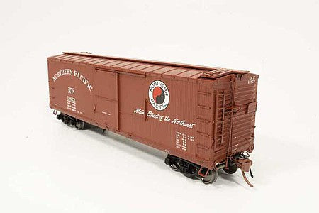 Rapido Trains 130019 HO Scale NP 10000-Series 40' Wood Boxcar 4-Pack - Ready To Run -- Northern Pacific (1950, Boxcar Red, Main Street Slogan, Large Monad)