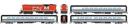 Rapido Trains 131003 HO Scale Tempo Train-Only Set - Standard DC -- VIA Rail Canada Set 1: RS18 3152, Club 321, Cafe 344, Coach 366