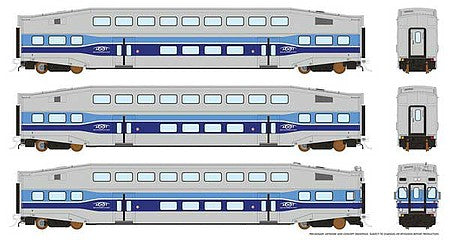 Rapido Trains 146002 HO Scale Bi-Level Commuter 2 Coach and Cab Car Set - Ready to Run -- AMT Montreal Set No.2 (Cab 2003, Coach 2021, 2035, silver, blue)