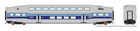 Rapido Trains 146003 HO Scale Bi-Level Commuter Coach - Ready to Run -- AMT Montreal No Number (silver, blue)