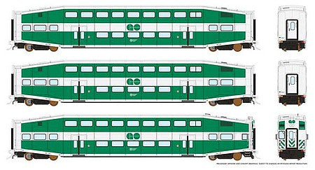 Rapido Trains 146005 HO Scale Bi-Level Commuter 2 Coach and Cab Car Set - Ready to Run -- GO Transit Set No.2 (Cab 213, Coach 2121, 2150, Early Scheme, white, green)