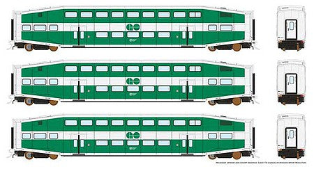 Rapido Trains 146006 HO Scale Bi-Level Commuter Coach 3-Pack - Ready to Run -- GO Transit Set No.3 (Coaches 2119, 2140, 2155, Early Scheme, white, green)