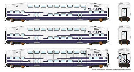 Rapido Trains 146010 HO Scale Bi-Level Commuter 2 Coach and Cab Car Set - Ready to Run -- Metrolink Set No.2 (Cab 628, Coach 189, 207, white, blue)
