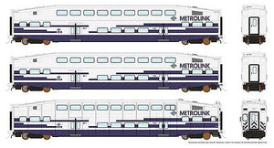 Rapido Trains 146010 HO Scale Bi-Level Commuter 2 Coach and Cab Car Set - Ready to Run -- Metrolink Set No.2 (Cab 628, Coach 189, 207, white, blue)
