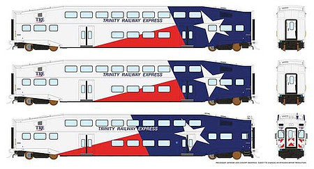 Rapido Trains 146012 HO Scale Bi-Level Commuter 2 Coach and Cab Car Set - Ready to Run -- Trinity Rail Express Set No.1 (Cab 1007, Coach 1061, 1064, white, blue, red)