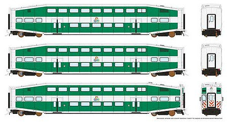 Rapido Trains 146015 HO Scale Bi-Level Commuter 2 Coach and Cab Car Set - Ready to Run -- TriRail Set No.1 (Cab 501, Coach 1003, 1012, white, green)