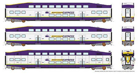 Rapido Trains 146018 HO Scale Bi-Level Commuter 2 Coach and Cab Car Set - Ready to Run -- WCE Set No.1 (Cab 103, Coach 304, 308, white, blue, yellow)