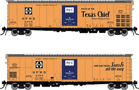 Rapido Trains 156003 HO Scale Santa Fe Class RR-56 Mechanical Reefer 4-Pack - Ready to Run -- Santa Fe 2095, 2106, 2154, 2157 (orange, black, blue, Texas Chief Slogan)