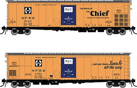 Rapido Trains 156004 HO Scale Santa Fe Class RR-56 Mechanical Reefer 4-Pack - Ready to Run -- Santa Fe 2142, 2150, 2162, 2164 (orange, black, blue, Chief Slogan)