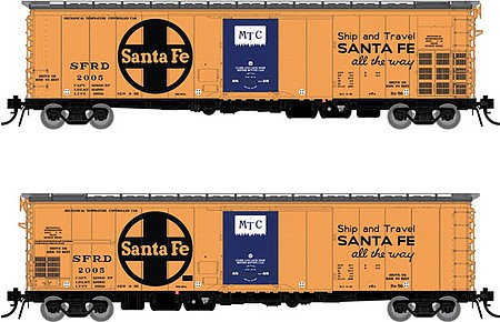 Rapido Trains 156006 HO Scale Santa Fe Class RR-56 Mechanical Reefer 4-Pack - Ready to Run -- Santa Fe 2005, 2020, 2037, 2177 (orange, black, blue, All the Way Slogan)