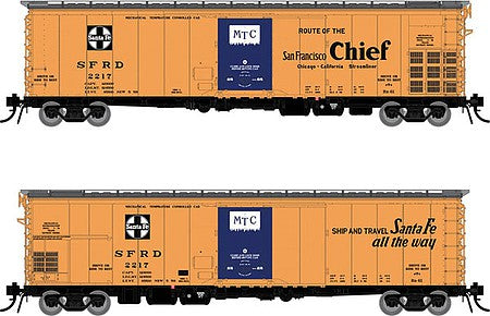 Rapido Trains 156009 HO Scale Santa Fe Class RR-56 Mechanical Reefer 4-Pack - Ready to Run -- Santa Fe 2217, 2219, 2221, 2235 (orange, black, blue, San Francisco Chief)