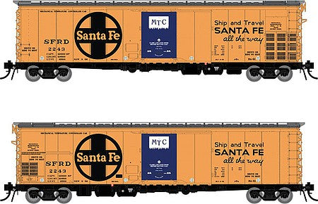 Rapido Trains 156010 HO Scale Santa Fe Class RR-56 Mechanical Reefer 4-Pack - Ready to Run -- Santa Fe 2243, 2247, 2250, 2256 (orange, black, blue, All the Way Slogan)