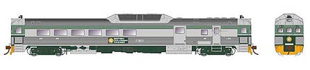 Rapido Trains 16757 HO Scale Budd RDC-3 Phase 2 - LokSound and DCC -- Pacific Great Eastern BC-33 (stainless steel, green, yellow, Dogwood Logo)