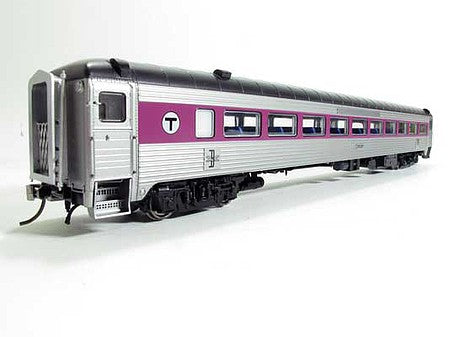 Rapido Trains 17254 HO Scale NH 8600 Series Stainless Steel Coach, No Skirts - Ready to Run -- Massachusetts Bay Transportation Authority MBTA No Number (stainless, purple