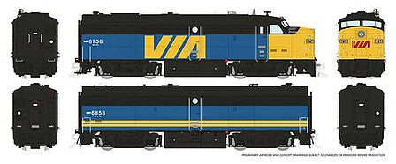 Rapido Trains 21109 HO Scale MLW FPA-2u - FPB-2u Set - Standard DC -- VIA Rail Canada 6758, 6858 (blue, yellow, red)