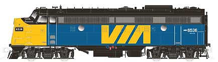 Rapido Trains 220579 HO Scale GMDD FP9A - LokSound and DCC - True North -- VIA Rail Canada 6536 (blue, yellow, black)