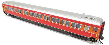 Rapido Trains 509123 N Scale Osgood Bradley Lightweight 10-Window Coach with Skirts - Ready to Run -- Cotton Belt SSW 206 (Daylight, orange, red, silver, Hatch Roof)