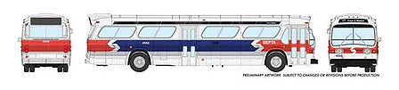 Rapido Trains 753051 HO Scale 1960s-1986 GM New Look-Fishbowl Bus - Deluxe Lighted - Assembled -- SEPTA White 4342 (white, red, blue)