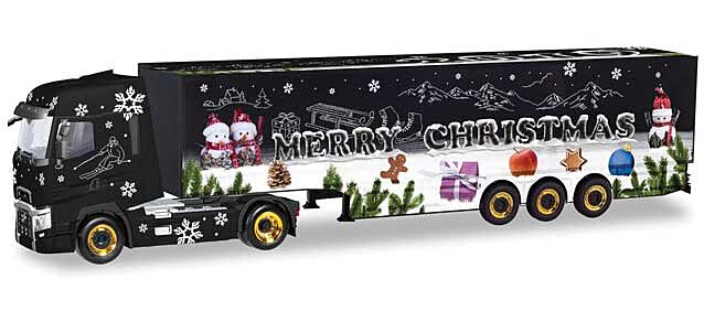 Herpa 310710 HO Scale Renault T Tractor with Curtain Trailer - Assembled -- Merry Christmas 2019 (black, white, green, multicolor graphics, English)