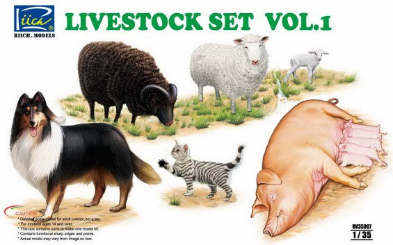 Riich Models 35007 1/35 Livestock Set Vol.1: Sheep, Ram, Pigs w/Piglets, Dog, Cat