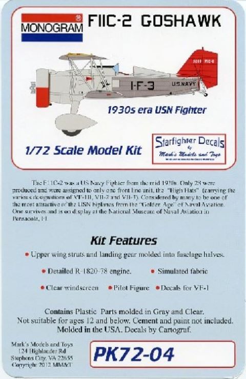 Revell Monogram 4 1/72 Monogram F11C2 Goshawk 1930s USN Fighter