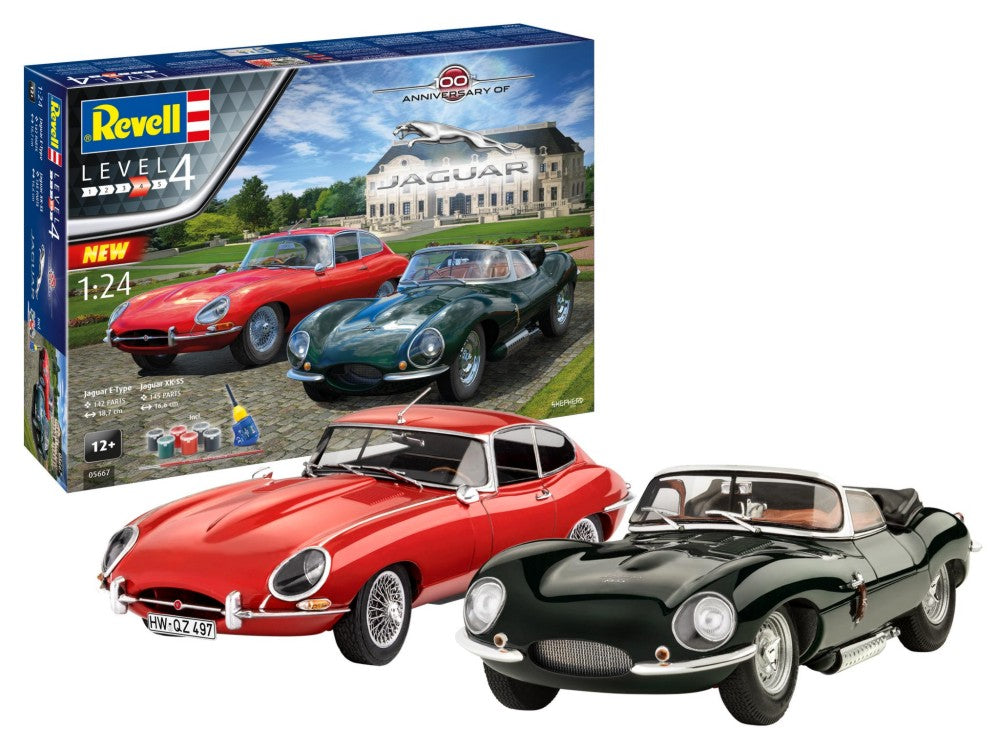 Revell 5667 1/24 Jaguar XK-SS & E-Type Sports Cars 100th Anniversary Gift Set w/paint & glue