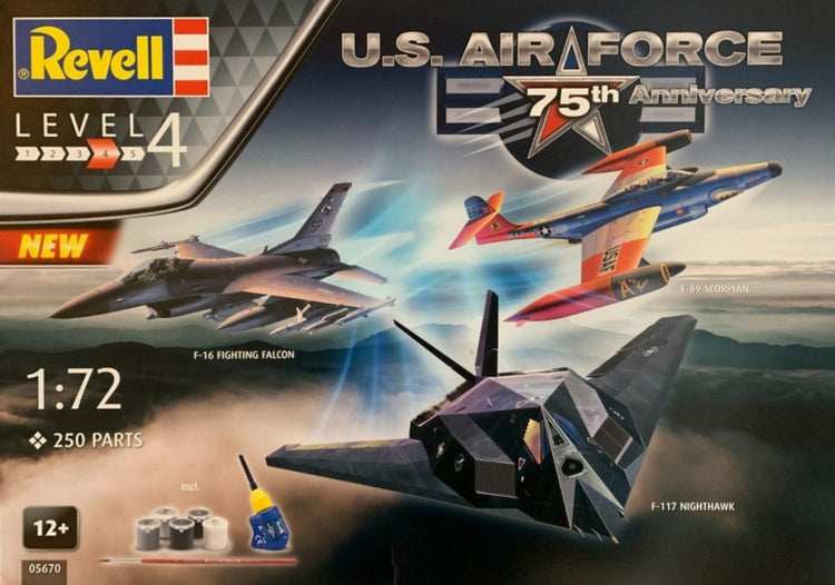 Revell 5670 1/72 F89, F117, F16 USAF Fighter 75th Anniversary Gift Set w/paint & glue