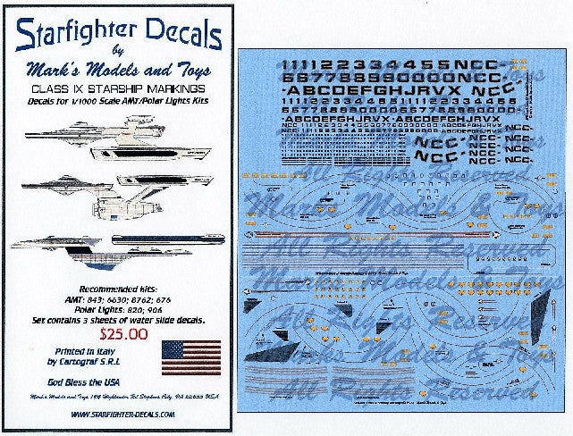 Starfighter Decals 100 1/1000 Star Trek Class IX Starships (Enterprise, Excelsior, Reliant) for AMT & PLL