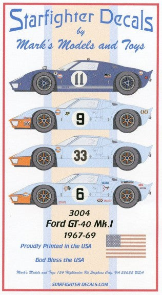 Starfighter Decals 3004 1/32 Ford GT Mk I 1967-69 for Slot Cars (D)