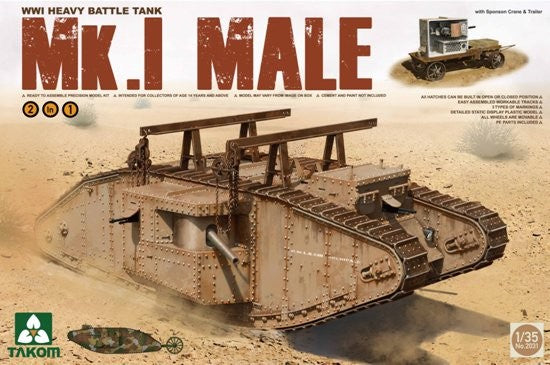 Takom 2031 1/35 WWI Mk I Male Heavy Battle Tank w/Crane & Flat Trailer (2 in 1)