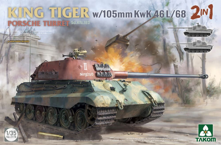Takom 2178 1/35 WWII German King Tiger SdKfz 182 Porsche Turret Heavy Tank w/105mm KwK 46L/68 Gun (2 in 1)