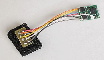 Train Control Systems 1008 All Scale M1P-15 1 Amp, 2 Function DCC Decoder - Control Only -- w/NMRA 8-Pin Plug; For Atlas MP15. .567 x .359 x .135"  14.4 x 9.12 x 3.4mm