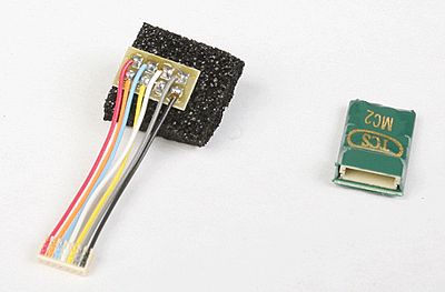 Train Control Systems 1115 HO Scale MC2P-SH 2-Function DCC Decoder w/Detachable Harness - Control Only -- Short Harness, NMRA 8-Pin Plug  .42  x .723  x .191"  10.67 x 18.36 x 4.85mm