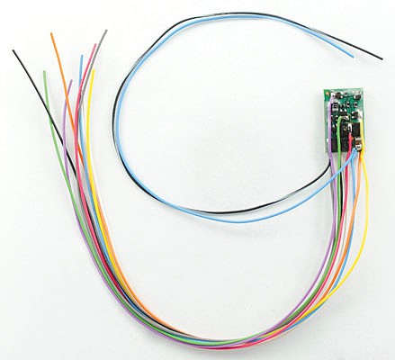 Train Control Systems (TCS) 1428 All Scale M4-KA 4-Function DCC Decoder w/TCS Keep Alive Wires - Control Only -- Hardwire w/Extra blue, black/white Wires .37 x .59 x .11" or 9.3 x 14.9 x