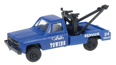 Trident Miniatures 90272 HO Scale Chevrolet Pickup Cab - Tow Truck -- Ariks Towing (blue, white "Service 24 Hours" Slogan, black)