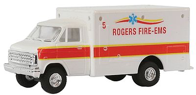 Trident Miniatures 90378 HO Scale Van-Cab Box-Body - Emergency - Private Ambulances -- Rogers Fire-EMS, Milwaukee (white, red)