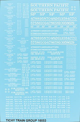 Tichy Trains 10053 HO Scale Railroad Decal Set -- Southern Pacific MOW Tank Cars (white lettering)