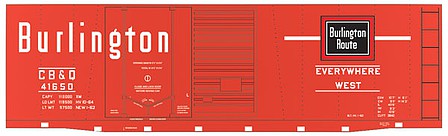 Tichy Trains 10094N N Scale Railroad Decal Set -- Chicago, Burlington & Quincy 40' Double-Door Boxcar (Chinese Red Car)