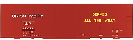 Tichy Trains 10131 HO Scale Railroad Decal Set -- Union Pacific 40' Steel Boxcar (Serves all the West, White & Yellow Letterin