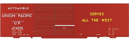 Tichy Trains 10132 HO Scale Railroad Decal Set -- Union Pacific 40' Steel Auto Boxcar (Serves the West, White & Yellow Letteri