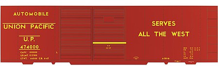 Tichy Trains 10133N HO Scale Railroad Decal Set -- Union Pacific 40' Steel Auto Boxcar (Serves the West, All Yellow Lettering)