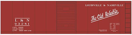 Tichy Trains 10237S S Scale Railroad Decal Set -- Louisville & Nashville 40' Steel Boxcar (Boxcar Red Car, Old Reliable Slogan