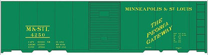 Tichy Trains 10244 HO Scale Railroad Decal Set -- Minneapolis & St. Louis 40' Steel Boxcar (green Car, Peoria Gateway Slogan)