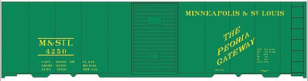 Tichy Trains 10244S S Scale Railroad Decal Set -- Minneapolis & St. Louis 40' Steel Boxcar (green Car, Peoria Gateway Slogan)