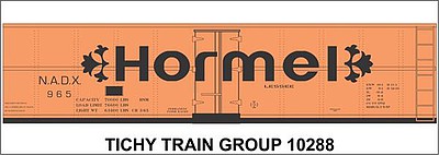 Tichy Trains 10288 HO Scale Railroad Decal Set -- Hormel 40' Steel Reefer (Black Billboard Lettering with Florets)